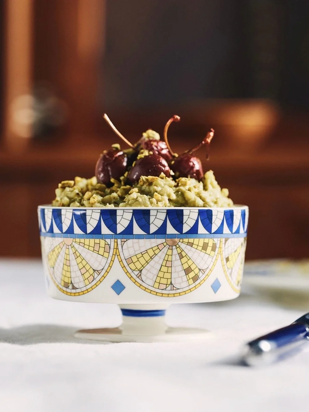 Anthropologie Bistro Tile Stoneware 24k Gold Accent Italia Gelato Bowl, Lemon